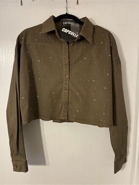 Olive Green Embellished Cropped Button-Down Top